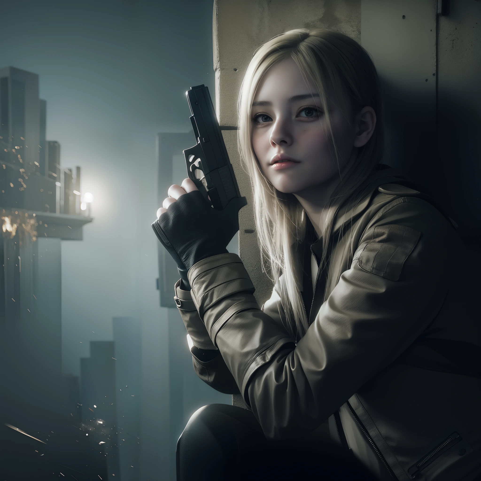 Women holding a gun, beautiful face, blonde hair