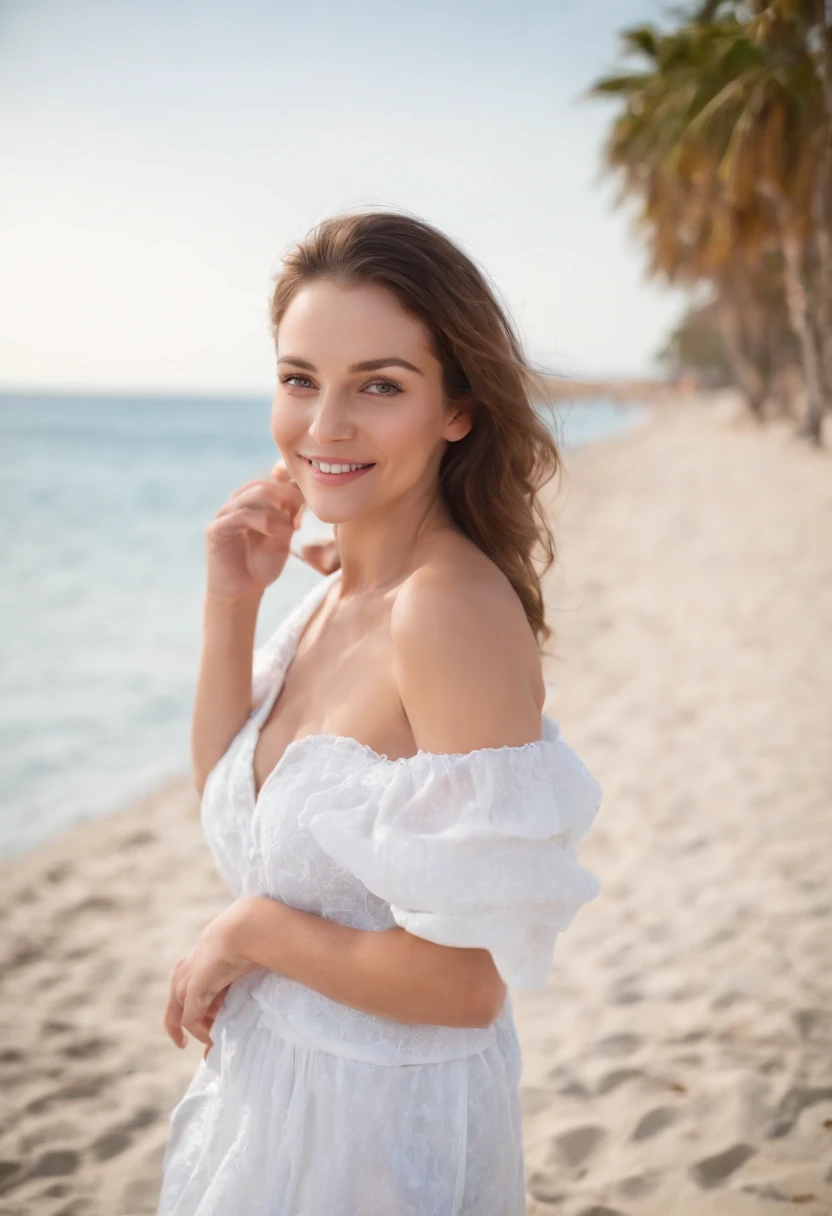 Una mujer con un vestido blanco parada en una playa junto al océano -  SeaArt AI