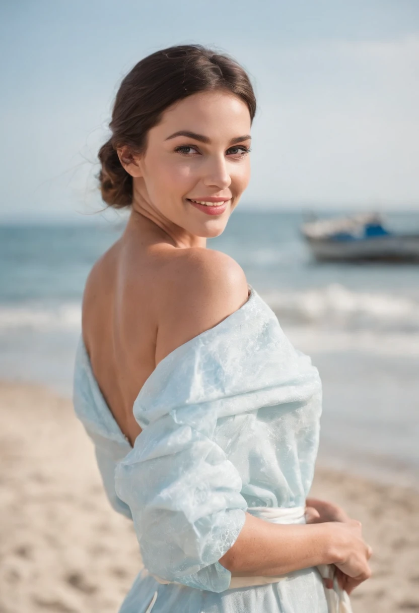 Arafed woman in a blue dress on a beach with a boat in the background -  SeaArt AI