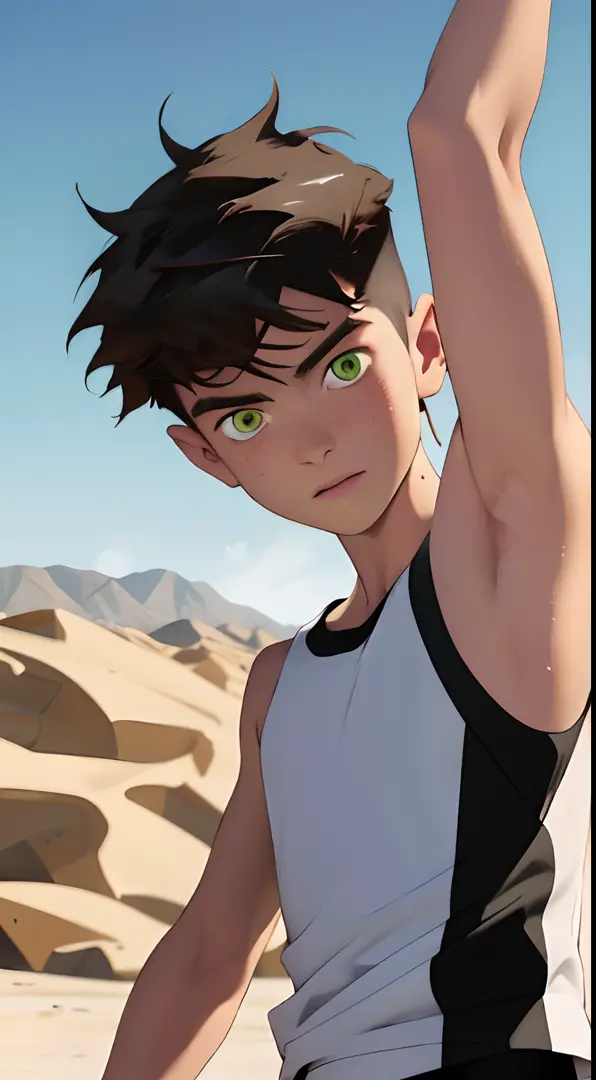 Highres, Masterpiece, Best quality at best,Best Quality, 1boy, bentennyson, green eyes, cargo pants, watch, white tank top, close-up the body, upper body,  hot day, desert, sweat, (armpit)