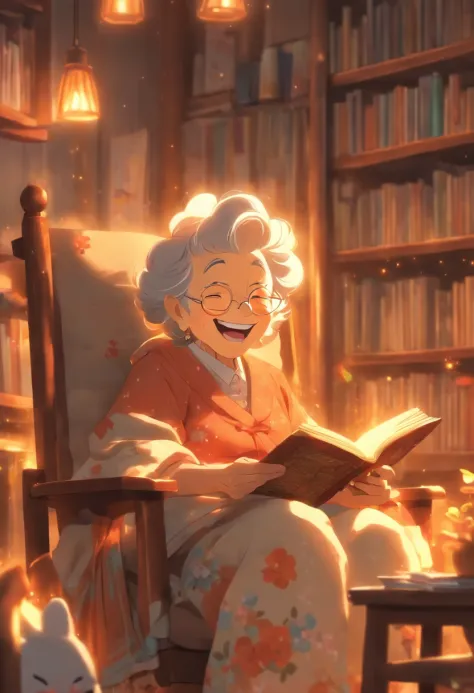 Grandma is sitting in a rocking chair reading a book，happily laughing，Scenes of happiness in the later years