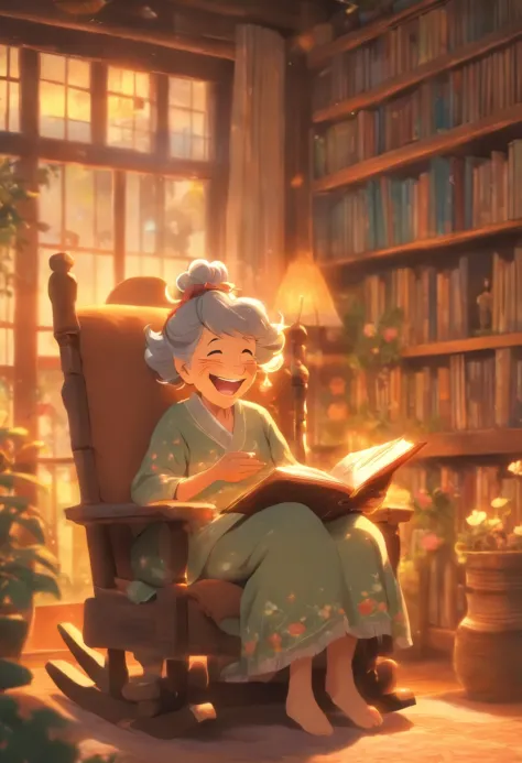 Grandma is sitting in a rocking chair reading a book，happily laughing，Scenes of happiness in the later years