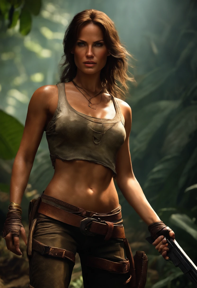 A woman in a tank top holding a knife in a jungle - SeaArt AI