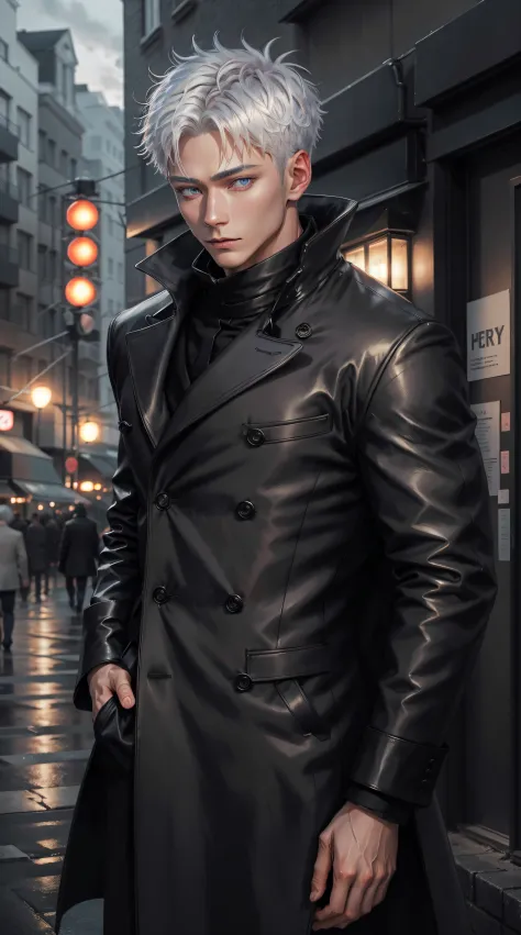 black winter male overcoat black clothing,satoru gojo,white hair,short hair,hair between eyes,blue eyes,colored eyelashses,dark ...