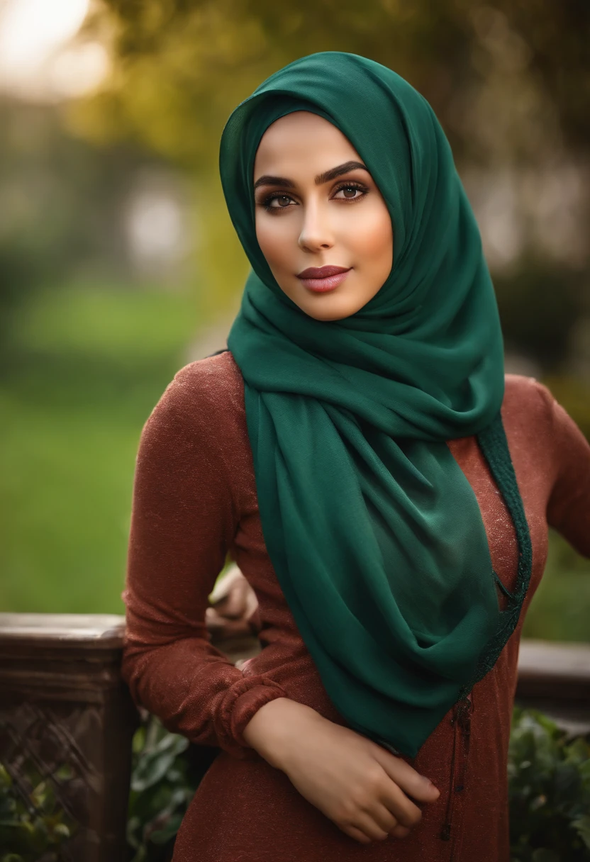 A woman wearing a green scarf and brown dress posing for a picture - SeaArt  AI