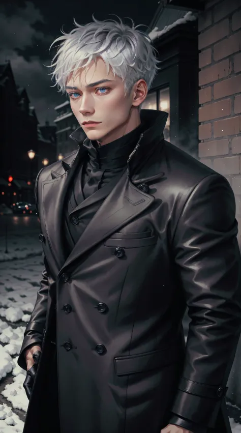 black winter male overcoat black clothing,satoru gojo,white hair,short hair,hair between eyes,blue eyes,colored eyelashses,dark ...