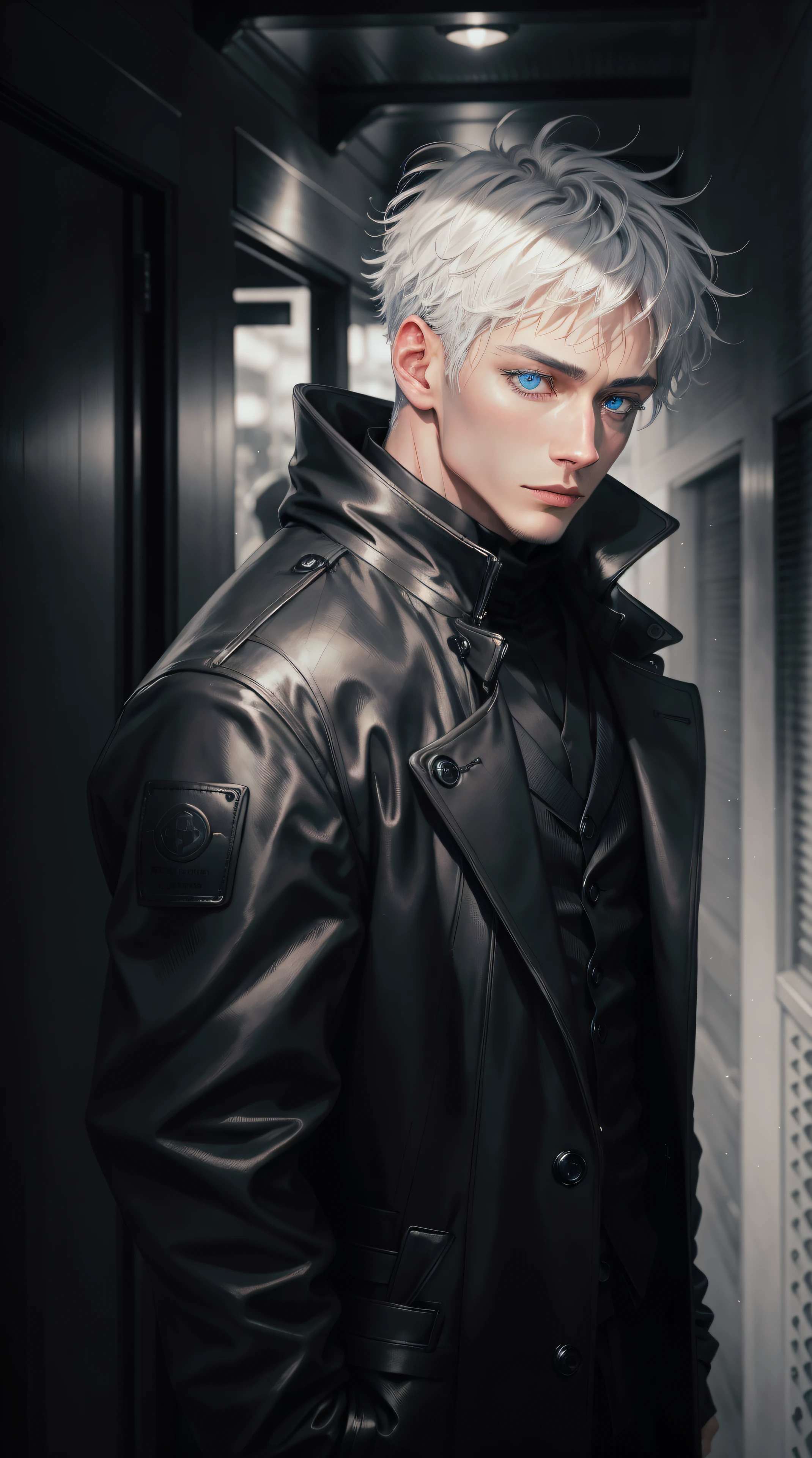 Черное зимнее мужское пальто черная одежда,Сатору Годзё,белые волосы,короткие волосы,волосы между глазами,голубые глаза,цветные ресницы,темный деловой костюм, черный формальный наряд, черный плащ, идти прямо,(фотореалистичный:1.4), (шедевр, боковое освещение, прекрасно детализированные красивые глаза: 1.2),Черные кожаные перчатки, выстрел в полный рост, с завязанными глазами, glowing голубые глаза, вся черно-белая картинка, only голубые глаза