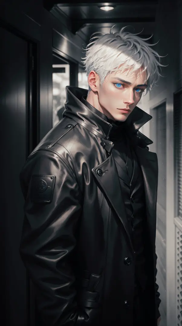 black winter male overcoat black clothing,satoru gojo,white hair,short hair,hair between eyes,blue eyes,colored eyelashses,dark ...