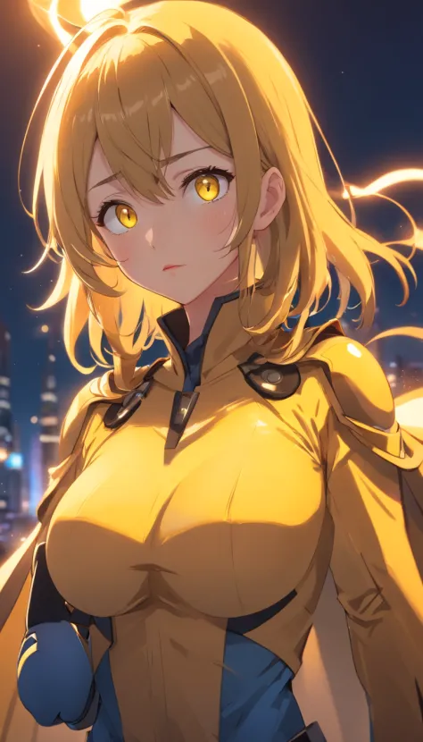yellow eyes, pointy ears, sweating, glowing eyes, heavy breathing, female focus, 1girl, breasts, gloves, large_breasts, uniform, solo, cape, black_gloves, long_sleeves, buttons, parted_lips, upper_body, military_uniform, military, aiguillette, looking_at_v...