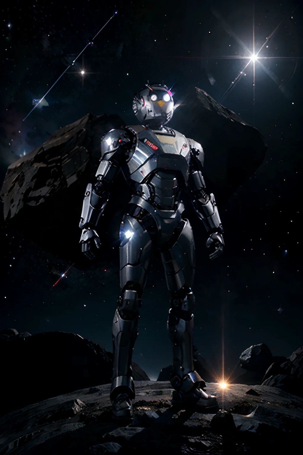All-metal robot, luzes brilhantes, The robot standing on an asteroid in deep space looking into space.