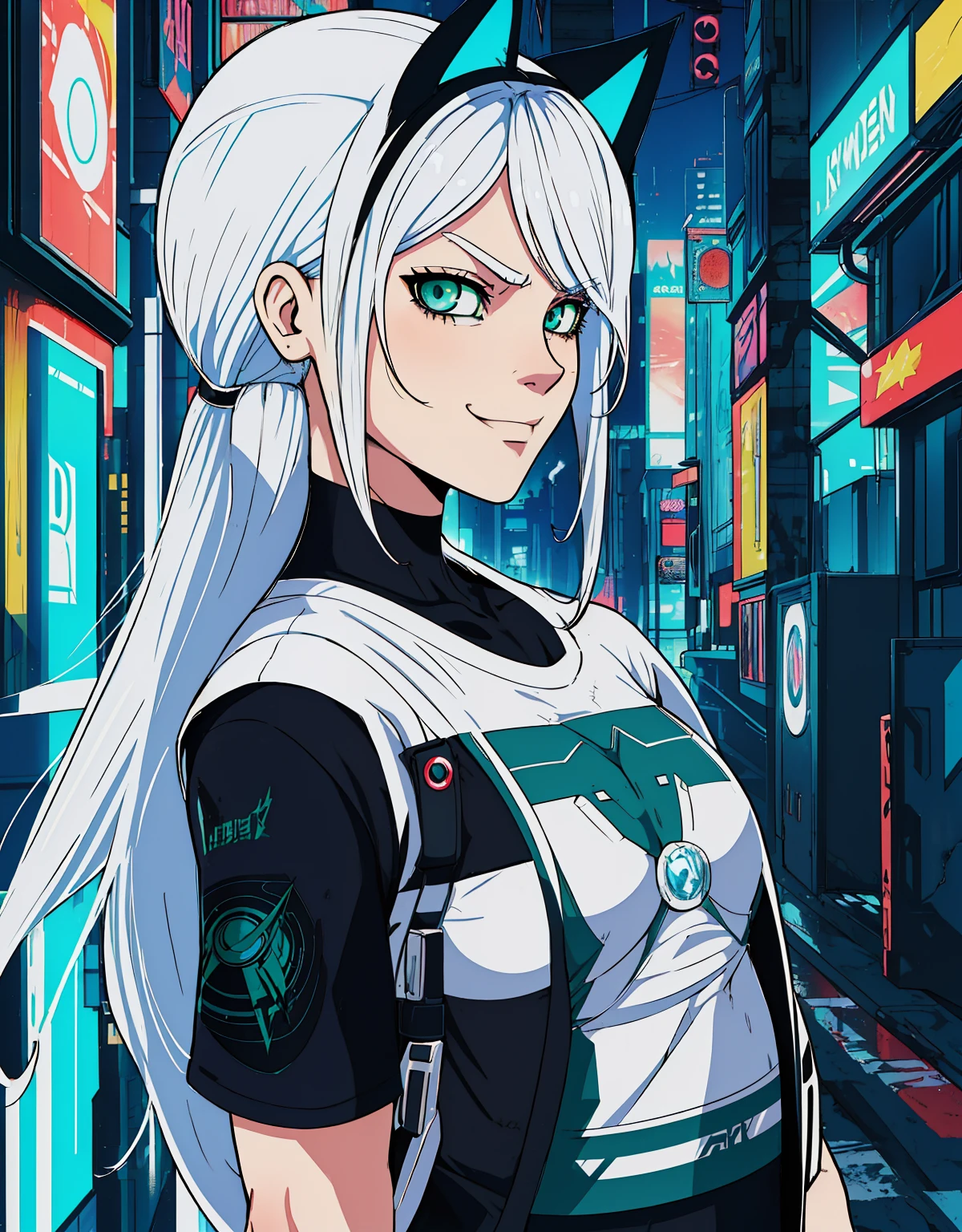 shadmanv1, anime girl, white hair, upper body, arms behind back, looking at viewer, smug, smirk, cyberpunk background, long hair, green eyes, black cat ears, blue and white t-shirt,