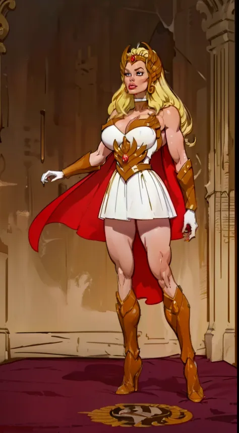 ((full body view:1.2)), ((she-ra)),((1985)), (pale skin:1.2), (white skin:1.5), ((front view:1.3)), pale face, (puffy lips:1.4), (crown:1.4),(white skirt), ((gold gauntlets:1.3)), ((red cape:1.1)), (gigantic breasts:1.4), design sheet, masterpiece, (slende...