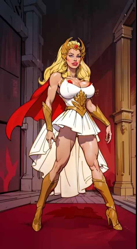 ((full body view:1.2)), ((she-ra)),((1985)), (pale skin:1.2), (white skin:1.5), ((front view:1.3)), pale face, (puffy lips:1.4), (crown:1.4),(white skirt), ((gold gauntlets:1.3)), ((red cape:1.1)), (gigantic breasts:1.4), ((gigantic breasts:1.3)), design s...