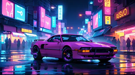 Cool chic car on a wet road. , neon lights, neon, retrowave, club,,,, in love Hemp, colorful, wallpaper, energy, secret, magical environment, omniscience, prediction of the future, understanding the past, frost magic, --v 6