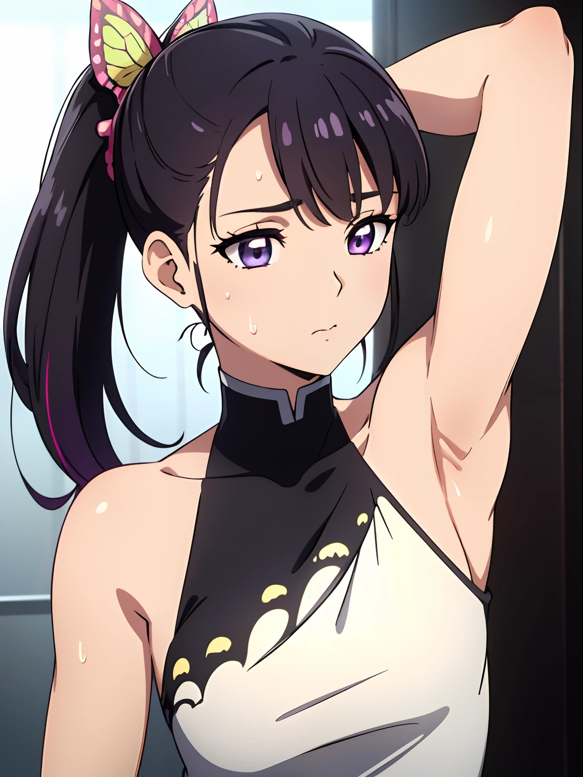 Anime girl with ponytail in a white tank top and black and yellow butterfly  - SeaArt AI