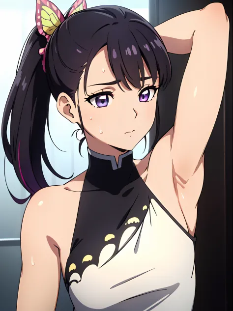 Highres, Masterpiece, Best quality at best,Best Quality,hight quality, hight detailed, kanao tsuyuri, black hair, butterfly, butterfly hair ornament, (purple eyes:1.1), side ponytail, ponytail, tank top, (sweat), (armpit) best quality, high resolution, uni...