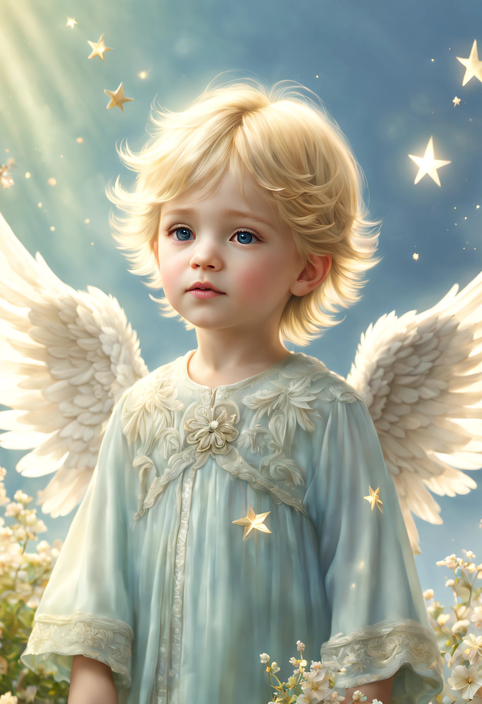 (meilleure qualité, 4k, 8k, haute résolution, chef-d&#39;œuvre: 1.2), ultra-détaillé, (Réaliste, photoRéaliste, photoRéaliste: 1.37), the little boy is a beau angel, les cheveux sont blonds, Visage de style européen, ailes déployées avec grâce 。j&#39;ai fermé les yeux, Je ressens une paix calme, les plumes brillent, des étoiles fantastiques et des fleurs réparties autour, une douce lumière vient de là....., dégradé de bleu tendre et de vert tendre en arrière-plan, les anges dans le ciel qu&#39;ils regardent. beau.