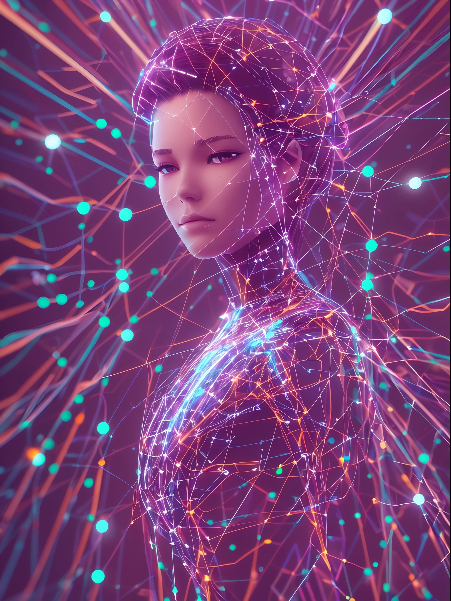 (futuristic, cibernético) chica con (cabello de red neuronal,hilos de redes neuronales), futurismo, uhd, súper detallado, (mejor calidad:1.2), 8k