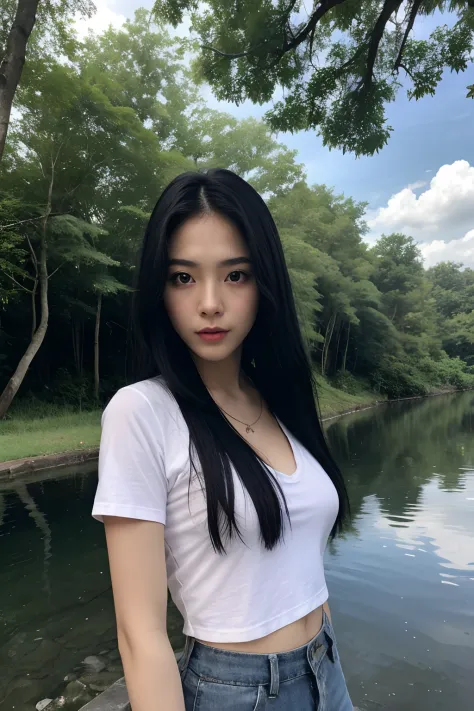 Thai Girls, Long black hair, look at viewer, T-shirt showing chest, bulge, clouds, Giorno, sky,outdoor, scenery, trees, water,