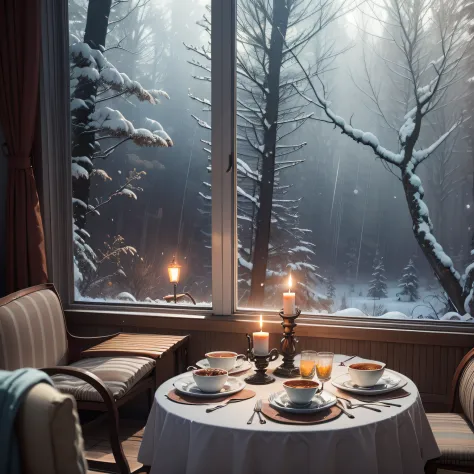 a living room filled with furniture and a fire place, cg society contest winner, romanticism, raining outside the cafe, winter n...