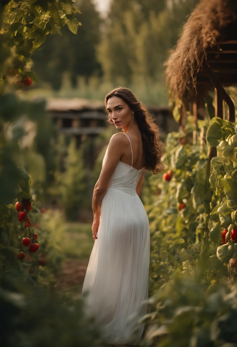 A woman in a white dress standing in a garden with tomatoes - SeaArt AI