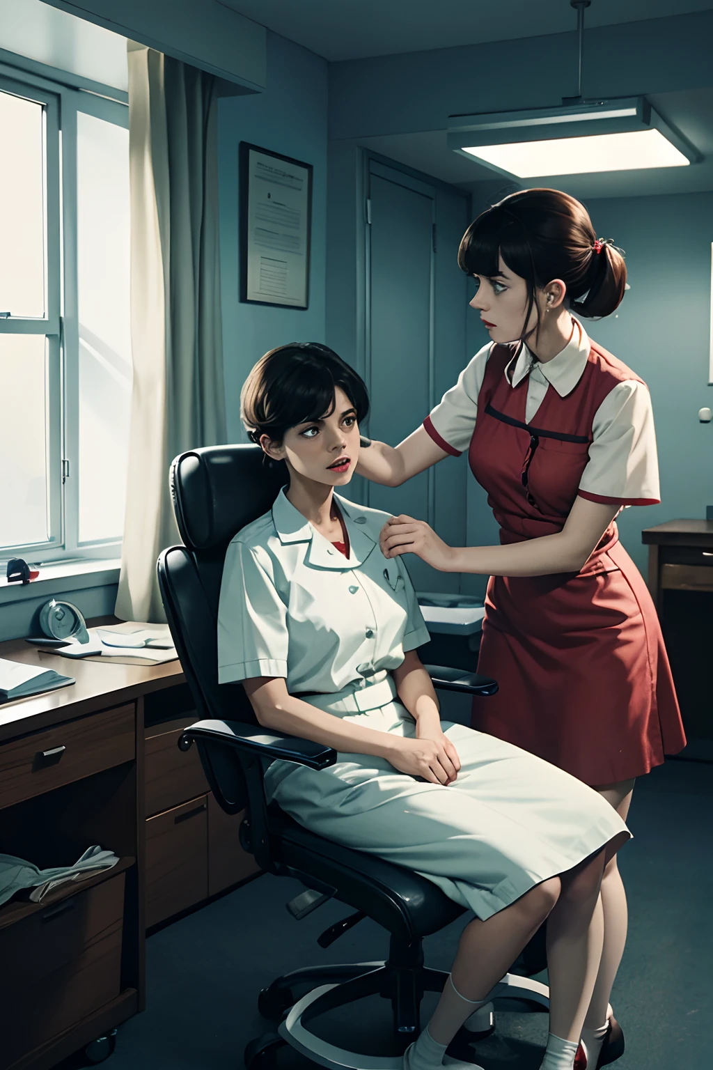 Illustration from a British horror film of the 1960s: Two nurses prepare a mentally ill and dangerous patient for examination. The patient is tied to the examination chair.