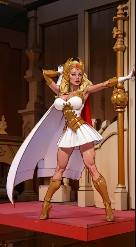 ((3d render:1.4)), ((full body view:1.2)), ((she-ra)),((1985)), (pale skin:1.2), (white skin:1.5), ((front view:1.3)), pale face, (puffy lips:1.4), (crown:1.4),(white skirt), ((gold gauntlets:1.3)), ((red cape:1.1)), (gigantic breasts:1.4), ((gigantic brea...