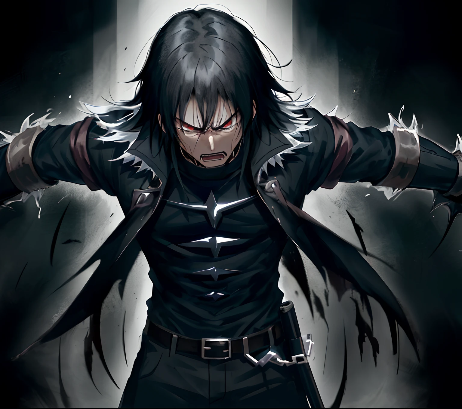 The man, black hair, cursed arms, darkness, angry - SeaArt AI