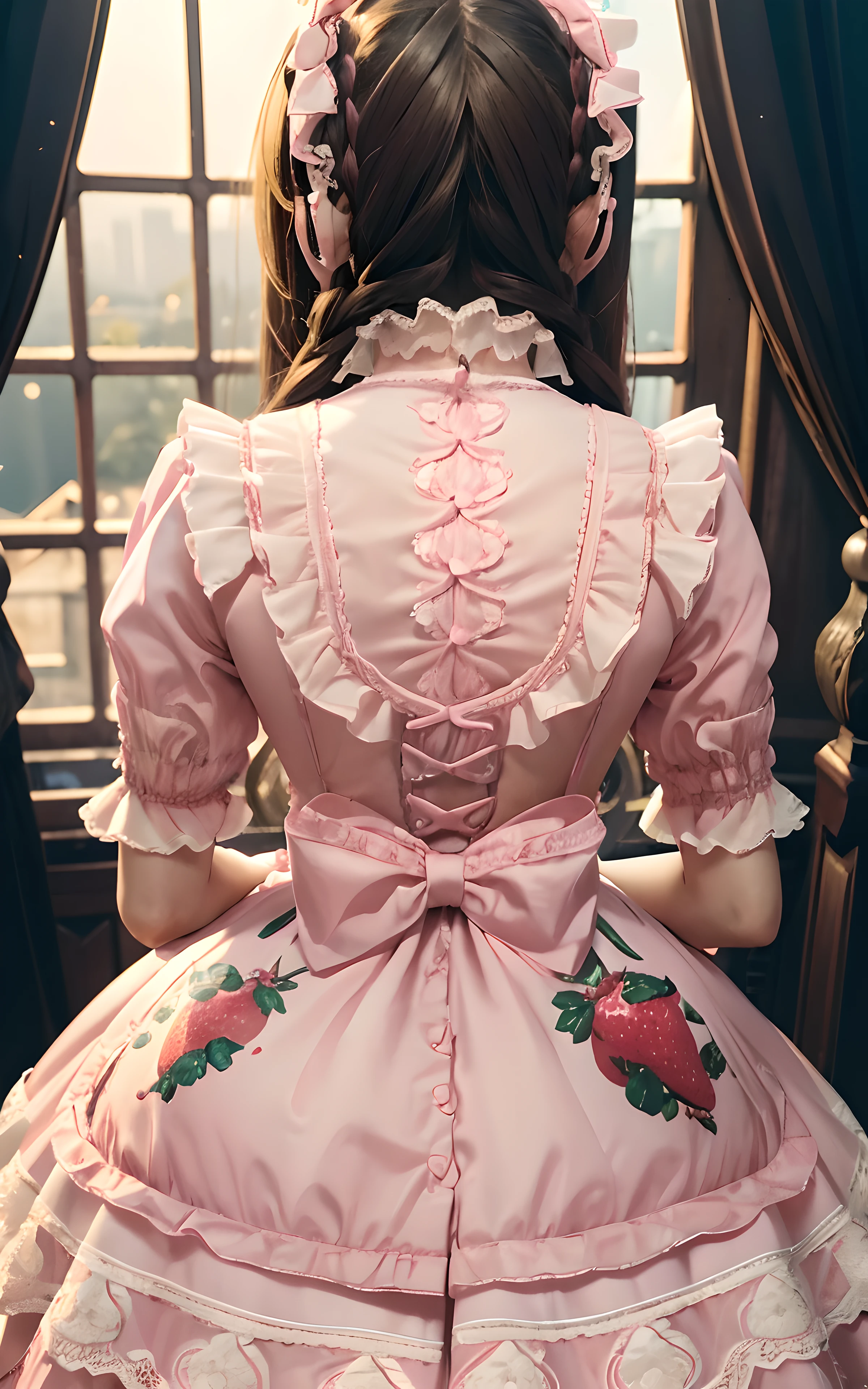 (masterpiece:1.2), best quality, highres, original, (extremely detailed:1.2), ultra-detailed, wallpaper, perfect lighting,(extremely detailed CG:1.2), 8K, 1girl, solo, Girl in Pink Lolita Dress, Pink background, (Strawberries, Rabbits, Butterflies:0.8), Lolita Dress, lofa, wearing lofa, Back View, back-angle, from behind, Girly, (Strawberry Design:0.9)