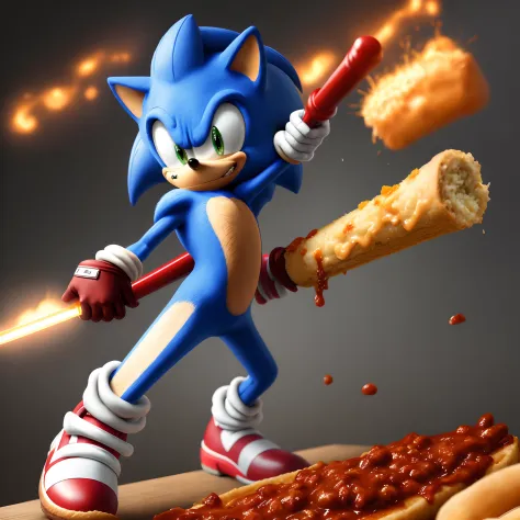 Sonic the hedgehog wielding a saber of chili dog material