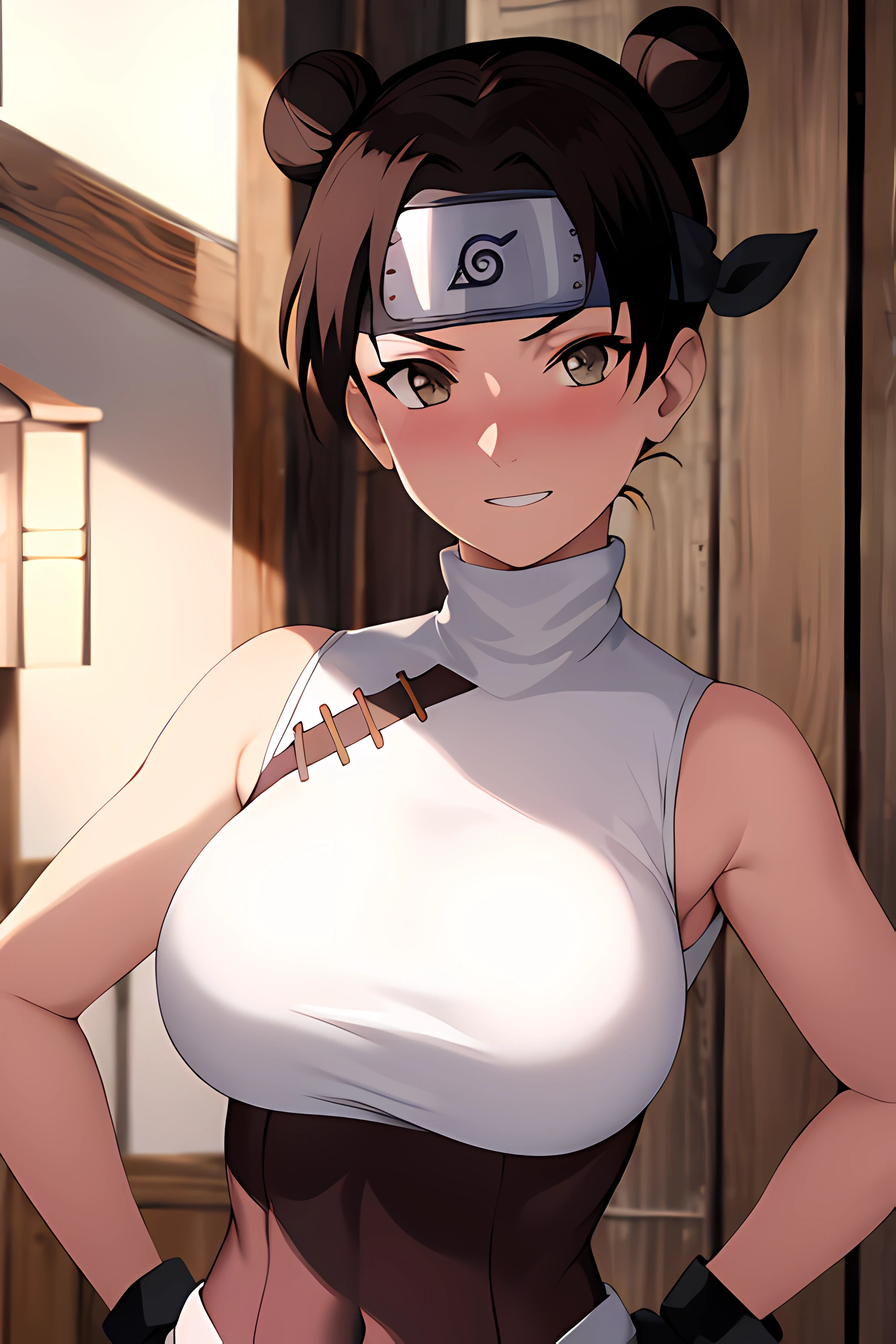 masterpiece, absurdres , (intricate details), (colorful),cinematic lighting,bust shot,extremely detailed CG unity 8k wallpaper,tenten\(shippuden\), 1girl, solo, ((white sleeveless turtleneck)), (large breasts), hand on hip,forehead protector, konohagakure symbol, headband,  looking at viewer, (village street), charming smile, ((slim waist)), ((blushing)),