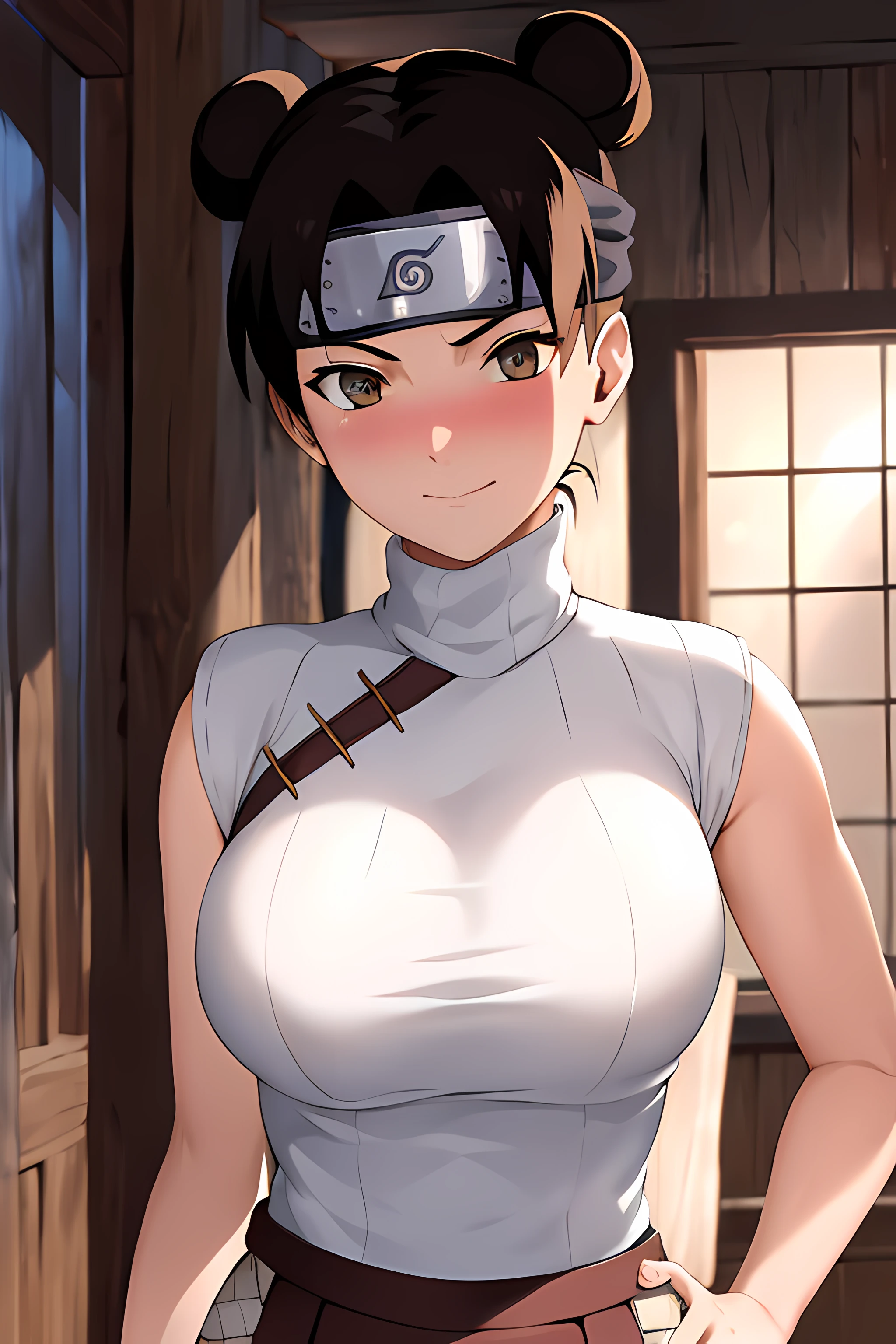 masterpiece, absurdres , (intricate details), (colorful),cinematic lighting,bust shot,extremely detailed CG unity 8k wallpaper,tenten\(shippuden\), 1girl, solo, ((white sleeveless turtleneck)), (large breasts), hand on hip,forehead protector, konohagakure symbol, headband, looking at viewer, (village street), charming smile, ((slim waist)), ((blushing)),