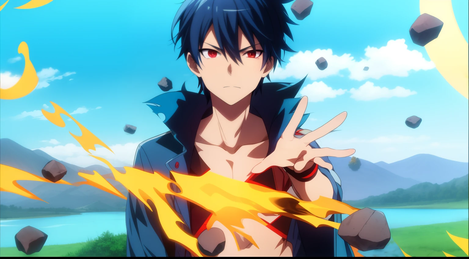 Anime guy with blue hair and black hair holding a yellow flame - SeaArt AI