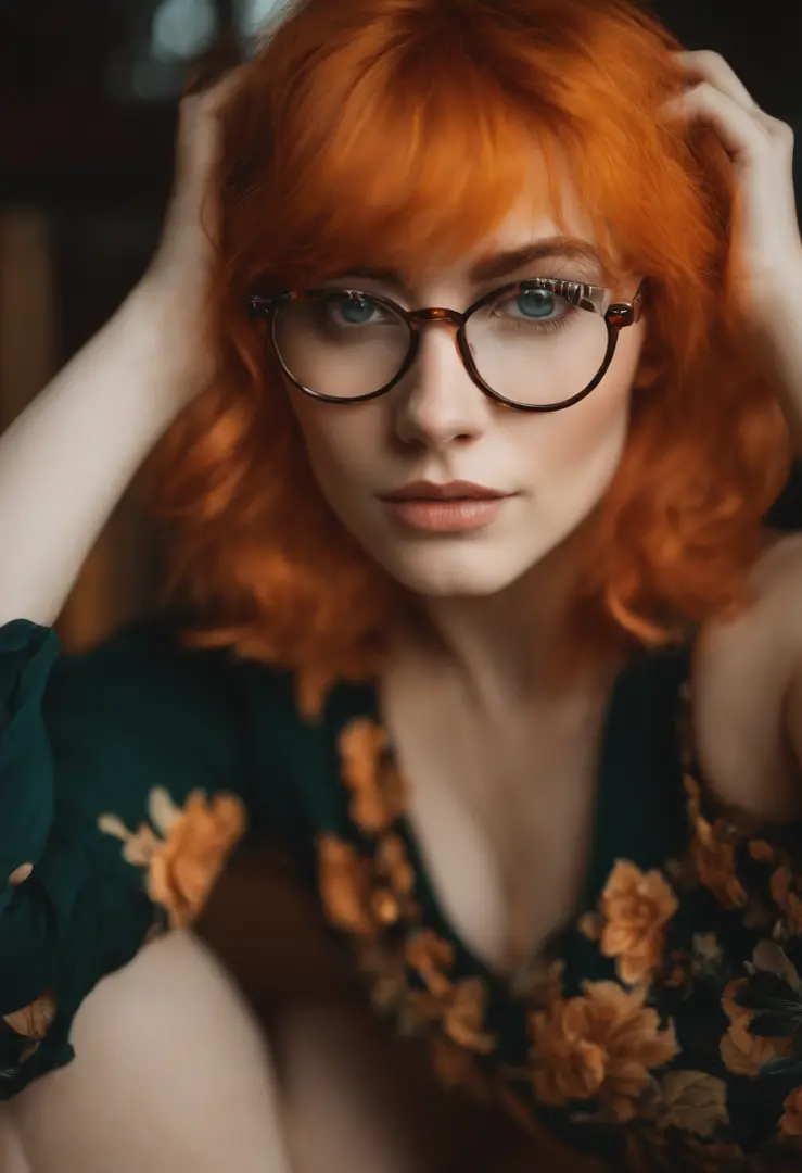 Girl with orange hair and Glasses. Nude dildo in her pussy