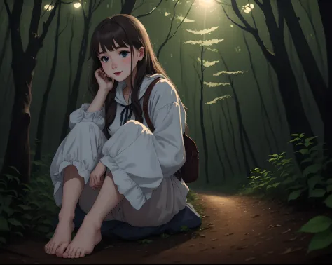 A beautiful girl in the forest tries to lick her feet at night