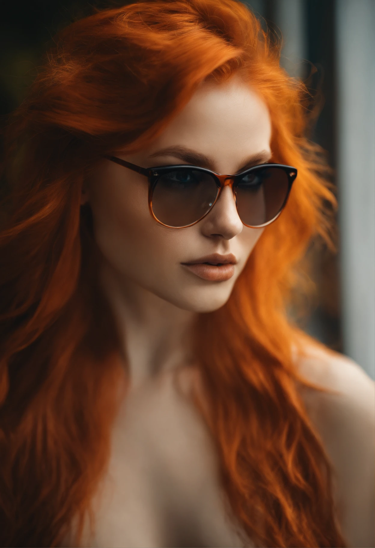 A close up of a woman with red hair wearing sunglasses - SeaArt AI