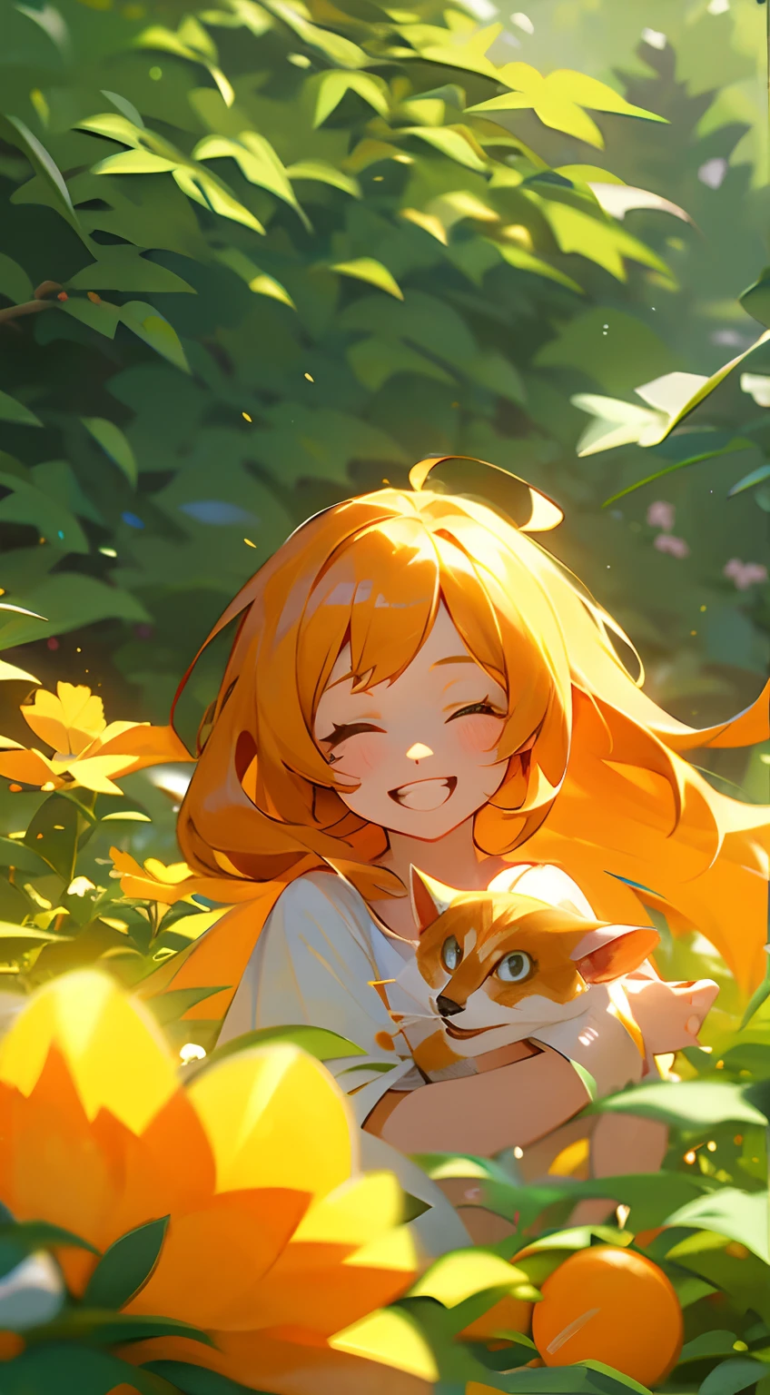 一個可愛的 ，橘色長髮，保留刘海，她和一隻橘色的小貓玩耍，陽光，笑臉，正玩得開心，童年，熱帶花園