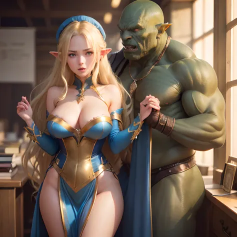 Outraged 20-year-old blonde elf girl with long wavy hair and blue eyes, in a blue dress with gold embroidery. 1 orc, green skin, in leather clothes. An argument with an orc in the office. The orc grabs her by the waist.  delicate detail. ultra details. Hig...