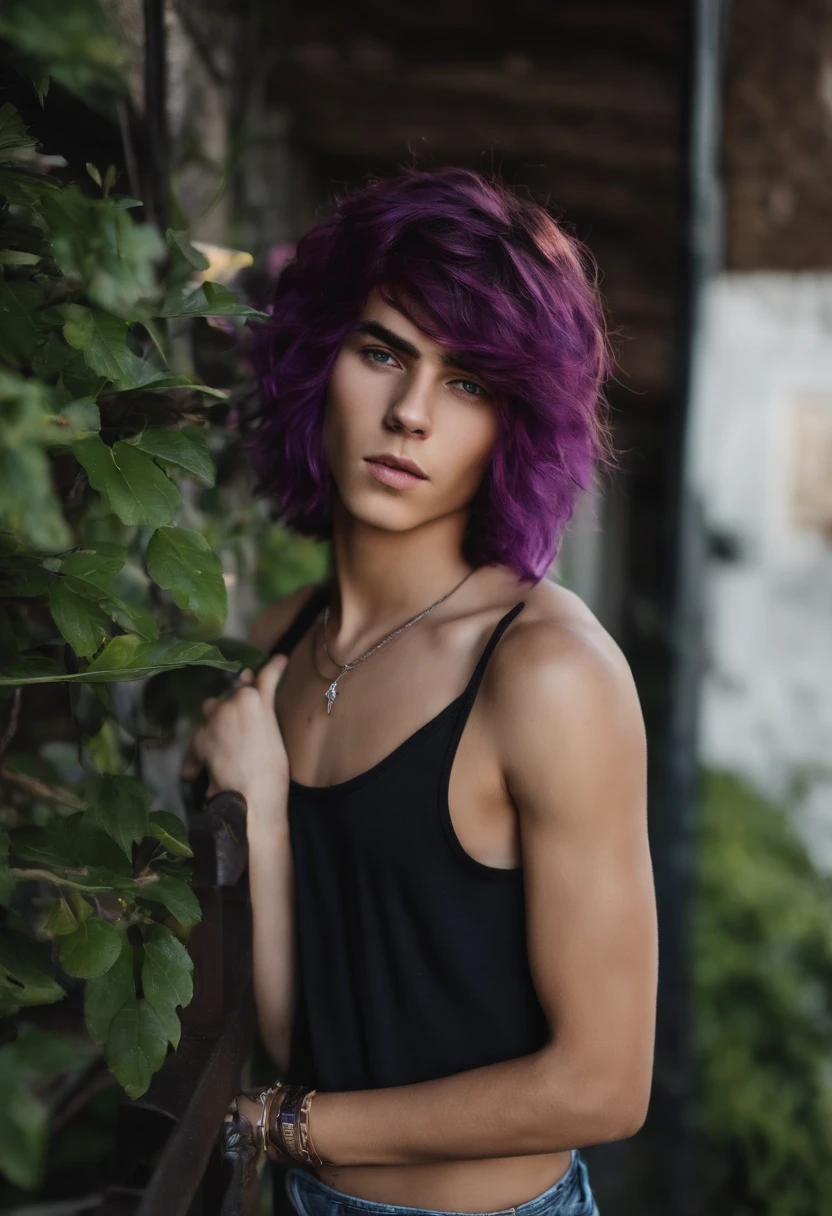 Arafed woman with purple hair leaning against a fence - SeaArt AI