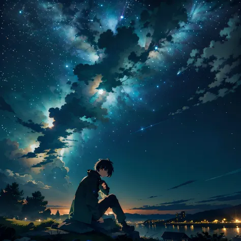Octanes, The sky, Star (The sky), scenery, a starry sky, the night, 1guy, short straight black hair, brown eye, white  shirt, Bl...