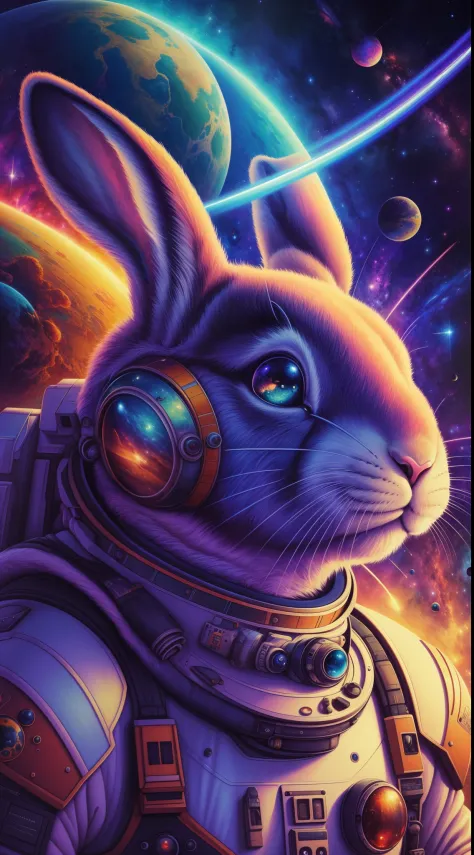 "(best quality, highres, masterpiece:1.2), realistic, detailed, vibrant colors, sci-fi, space exploration, detailed fur, expressive eyes, adventure, futuristic technology, astronaut rabbits, interstellar landscape, epic journey, high-tech spaceships, other...