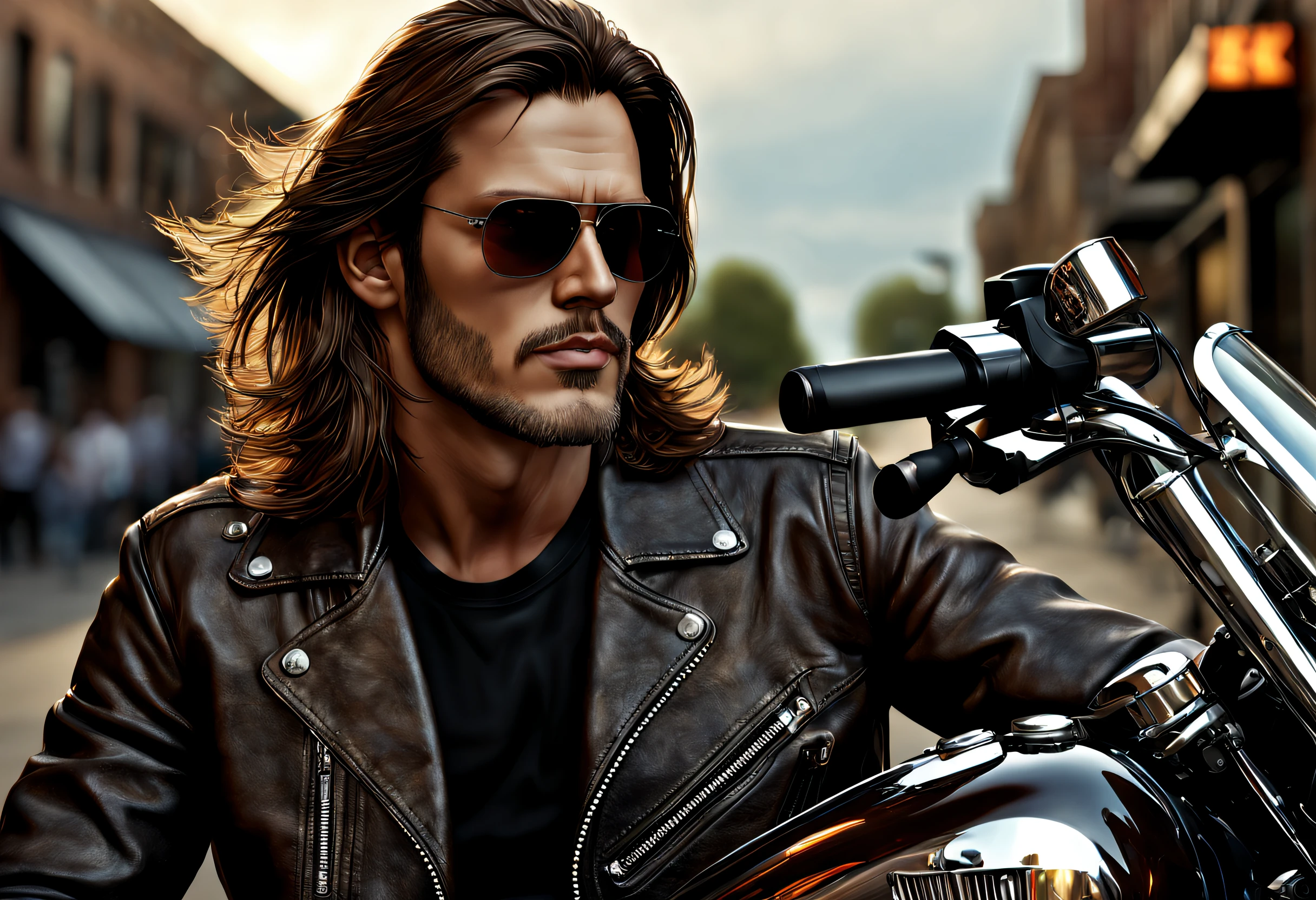 (mejor calidad, 4k, 8K, Alta resolución, obra maestra: 1.2), ultra detallado, (Realista, photoRealista, photoRealista: 1.37), un hombre, long brown hair, vistiendo una chaqueta de cuero y jeans sentado en su gran motocicleta Harley Davidson, Retrato, muy detallado, iluminación intensa, dia ventoso, Biker Bar en el fondo, Cromo que refleja la luz solar, humo del motor de la motocicleta, chaqueta de cuero desgastada, Vaqueros detallados y costuras en los bolsillos, fondo minimalista (Imagen tomada con una cámara profesional de gran formato: 1.2)