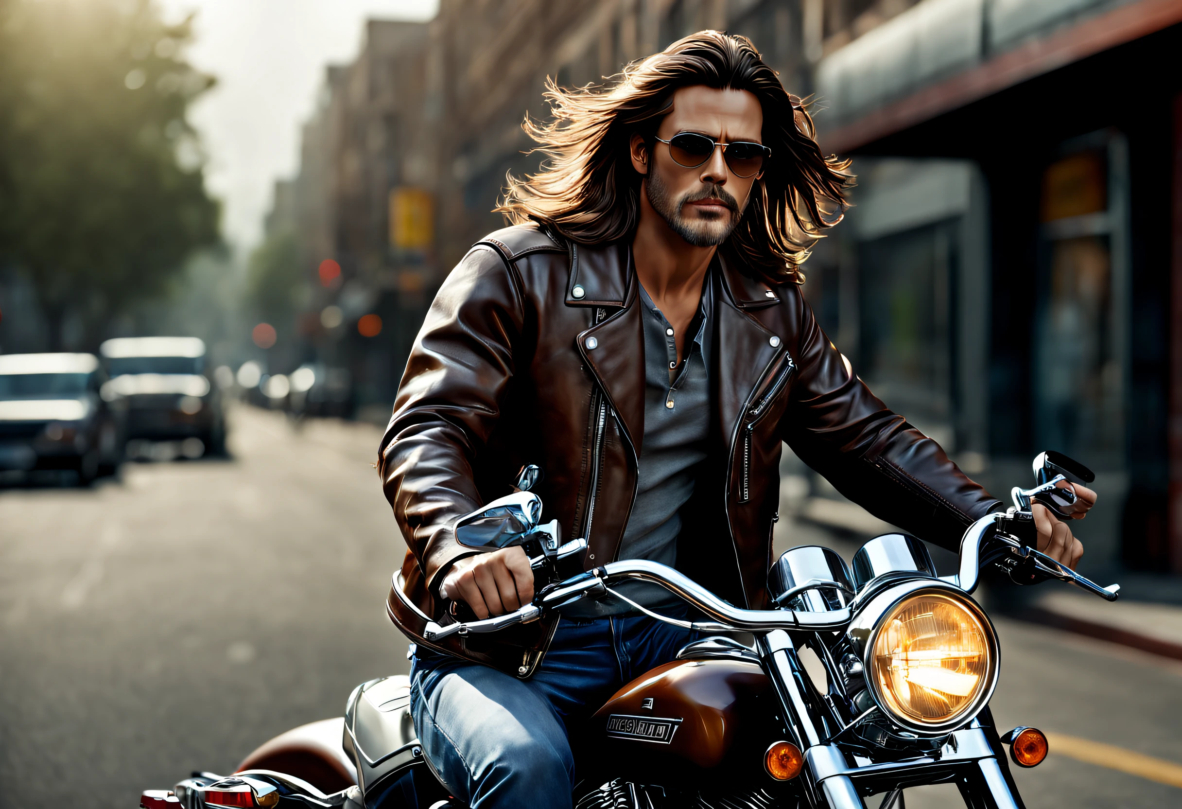 (best quality, 4k, 8k, high resolution, masterpiece: 1.2), ultra detailed, (realistic, photorealistic, photorealistic: 1.37), a man, long brown hair, wearing a leather jacket and jeans sitting on his large Harley Davidson motorcycle, portrait, highly detailed, intense lighting, windy day, biker bar in the background, chrome reflecting sunlight, smoke from the motorcycle engine, worn leather jacket, detailed jeans and stitching on the pockets, minimalist background (image taken with a large format professional camera: 1.2)