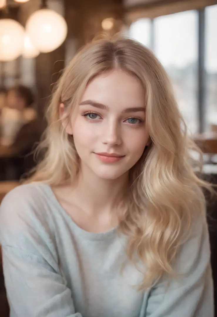 young girl, in a cafe, casual clothes, wavy blonde hair, (face:1.2), age 19, slim, petite, long hair, (facial:1.1), (cum only on face:1.2), selfie, bright smile, freckles, open eyes, high definition, student