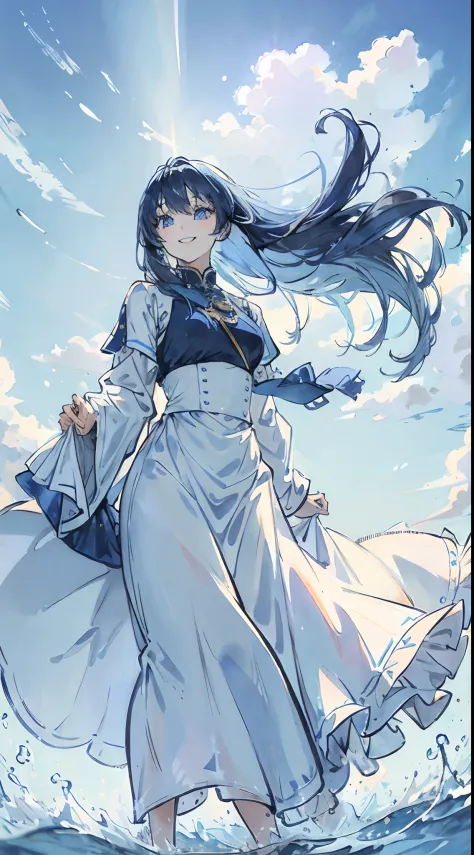 (High resolution, ultra-detailliert), 1 pretty girl, Solo, Long light blue hair,Hair collection,Highly detailed blue eyes, (Mare), Super Smile、Dynamism,Wide blue sky、Sunlight,Long sleeve dress