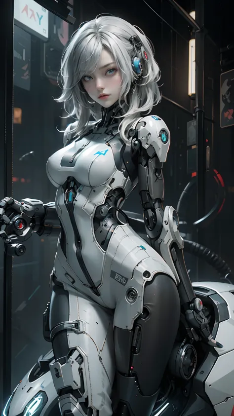 there is a woman in a futuristic outfit posing on a motorcycle, cute cyborg girl, beutiful white girl cyborg, wlop. scifi, oppai...