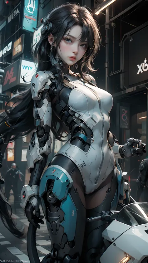 there is a woman in a futuristic outfit posing on a motorcycle, cute cyborg girl, beutiful white girl cyborg, wlop. scifi, oppai cyberpunk, perfect android girl, beutiful girl cyborg, perfect anime cyborg woman, smooth digital concept art, girl in mecha cy...