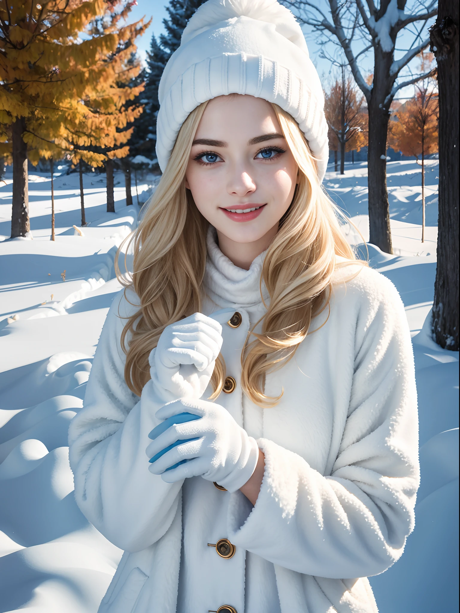 FRW, Very detailed CG Unity 8k wallpaper, ((( Anne Hathaway:Selena Gomez:0.7))) as a cute 27-year-old cute blonde Polish woman, a beautiful girl, a wonderful goddess, hot maiden, blue eyes, pale skin (a masterpiece, beautiful person, well detailed face polluted smile, photorealistic, hyperrealistic), white cold clothes, fuzzy white cap, white blouse, wearing white gloves, rubbing hands warming up in a snowy street (blue open sky),  and smiling (light lighting).