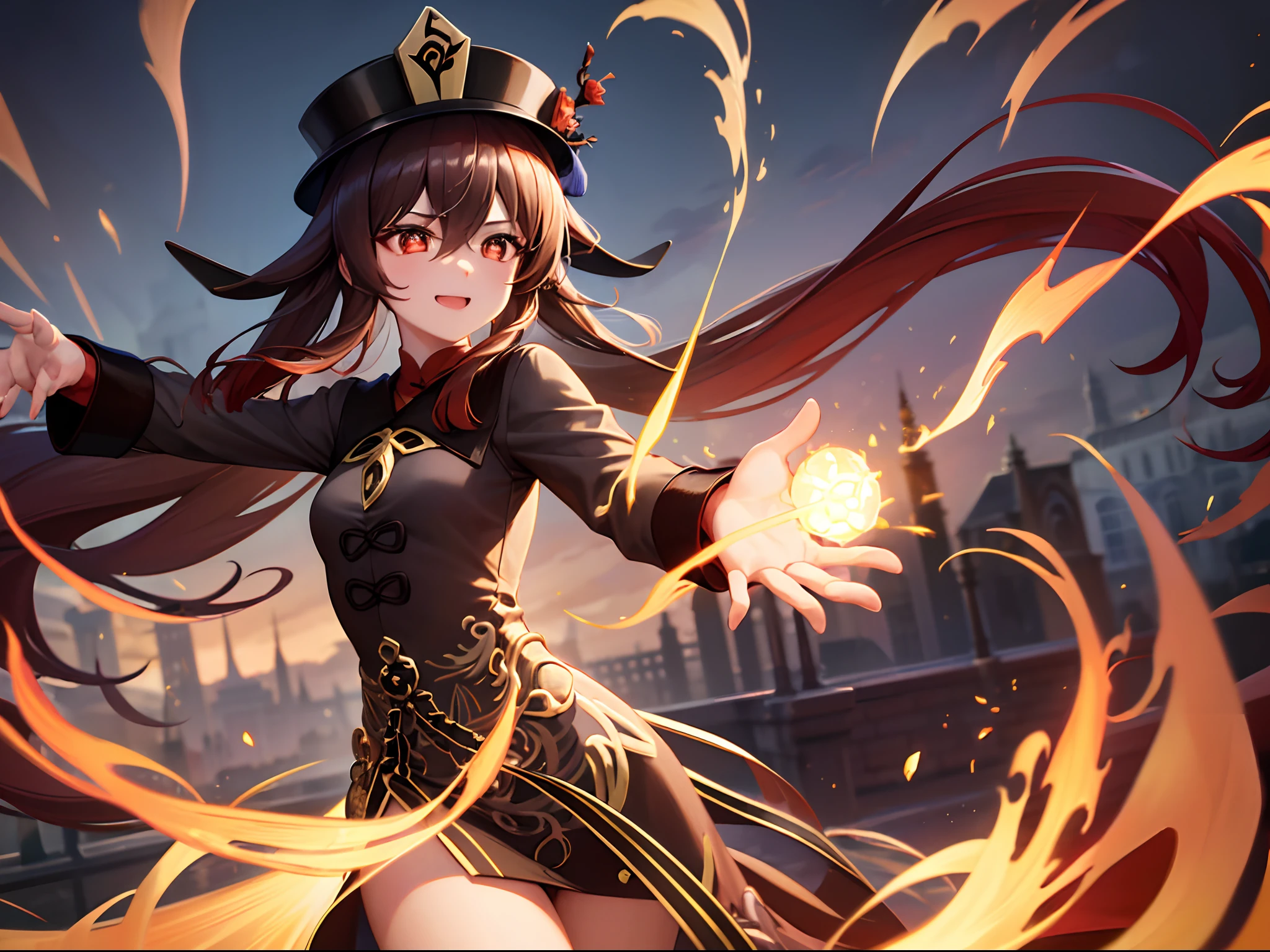 (best quality, highres, masterpiece:1.2), ultra-detailed, realistic:1.37, hu tao,  teen, splendid eyes, fire background, standing, happy, shy, cute, flowing shiny brown hair, hu tao hat, perfect body, glowing ember, vibrant red dress, joyful expression, playful smile, delicate features, expressive eyebrows, enchanting gaze, flickering flames, dynamic pose, warm lighting