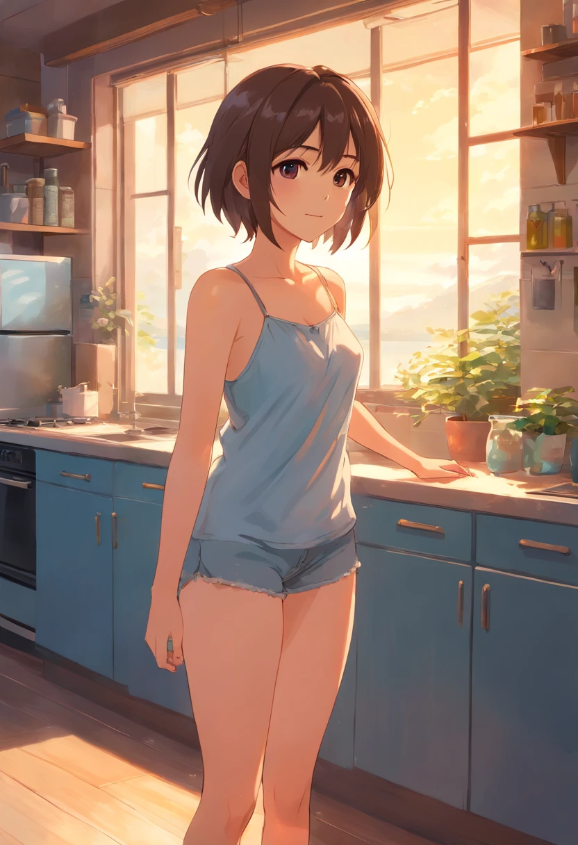 Anime girl in blue top and shorts standing in kitchen with window - SeaArt  AI